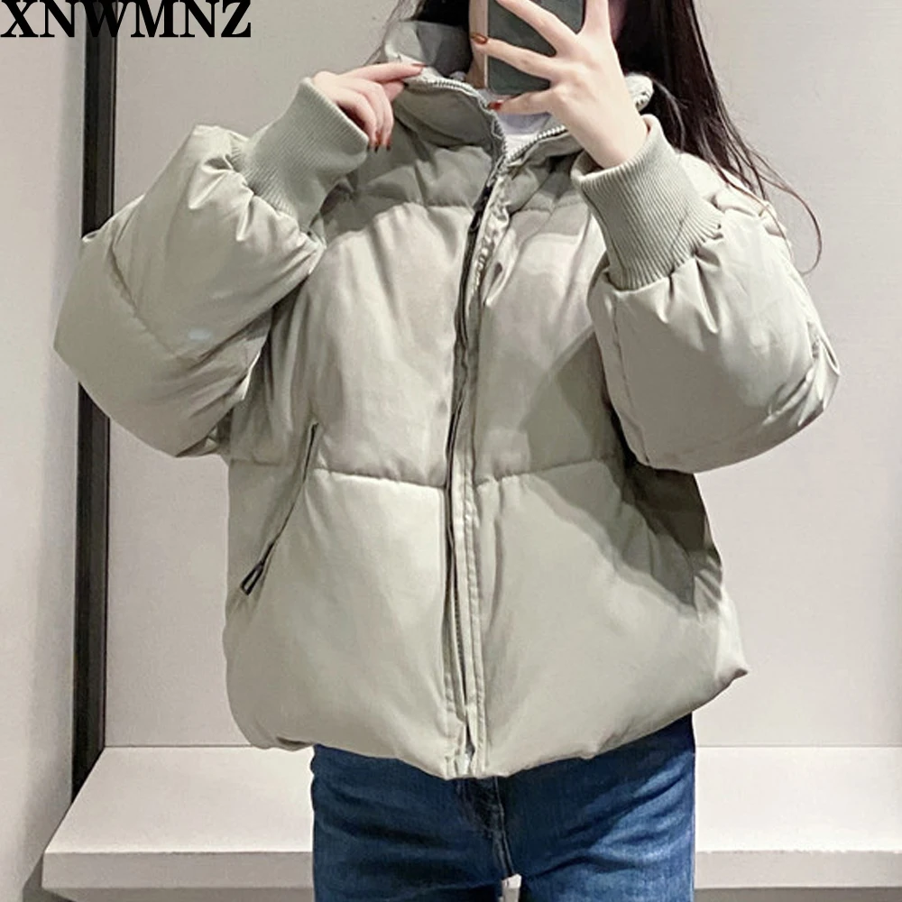 

XNWMNZ Za Women Solid Khaki Oversize Parkas Fashion Thick Winter Zipper Pockets Female chic Warm Elegant Coat Jacket ladies
