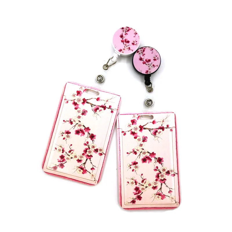 Pink Cherry blossoms Retractable Badge Reel Lanyard Nurse ID Business Credit Card Work Card Office Student Clips Card Cover Bag