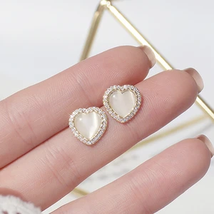 Korean Trendy Opal Round Inlaid CZ Heart Women Earrings Simple High Quality Love Stud Earring Birthday Gift Christmas Pendant