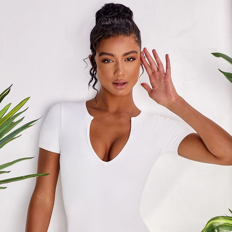 

NOVAINSPO Casual Fitness Sportswear Rompers For Women 1 Piece 2021 Summer Ribbed V Neck Solid Short Sleeve Basic Rompers Simple