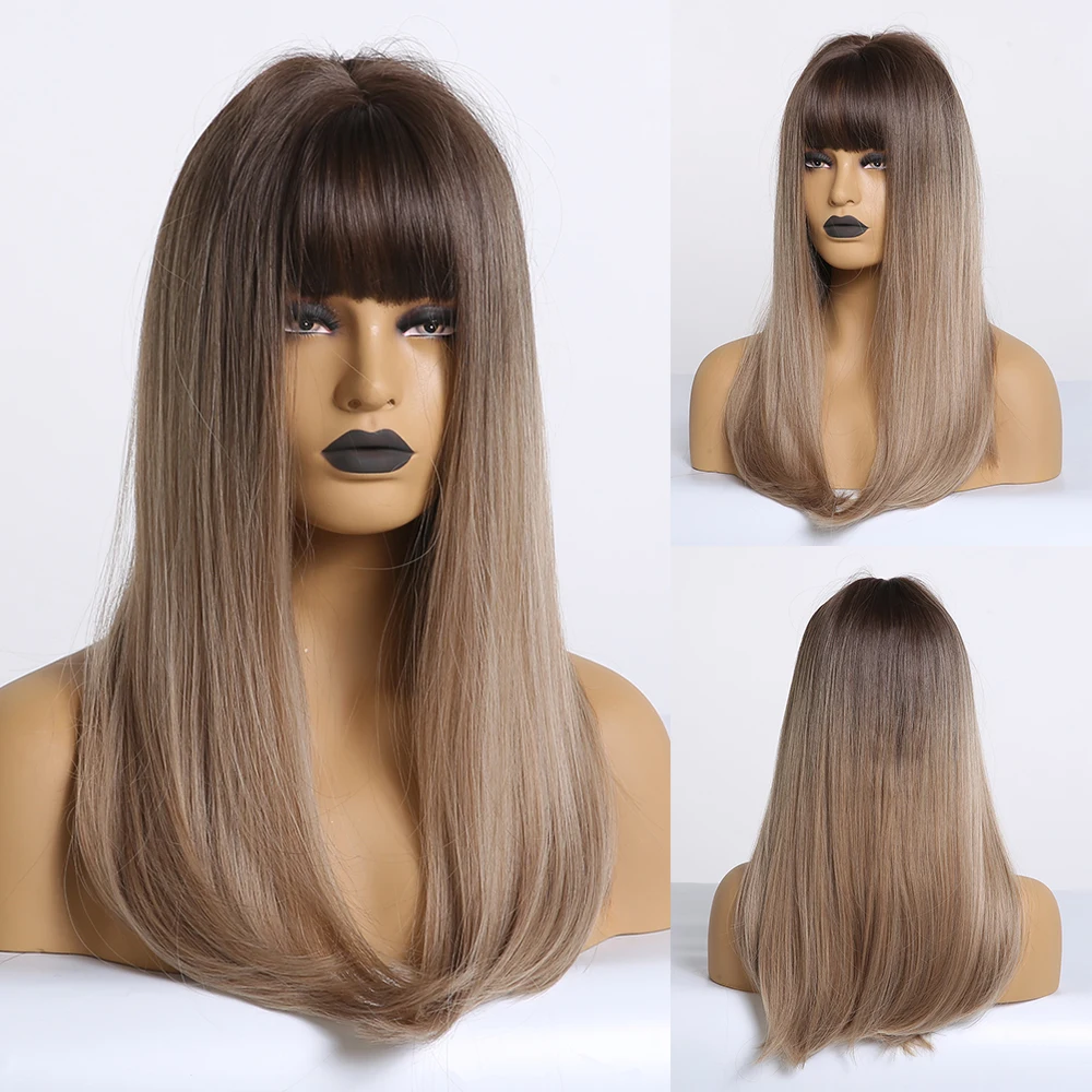 

EASIHAIR Medium Straight Brown Synthetic Wigs with Bangs for Women Natural Daily Wig High Density Heat Resistant Wigs