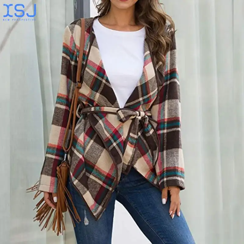 

Wool Blended Jacket Women's Coat Checkered Belt Irregular Lapel Long Sleeve Jacket Autumn and Winter Fashion Casual Jacket