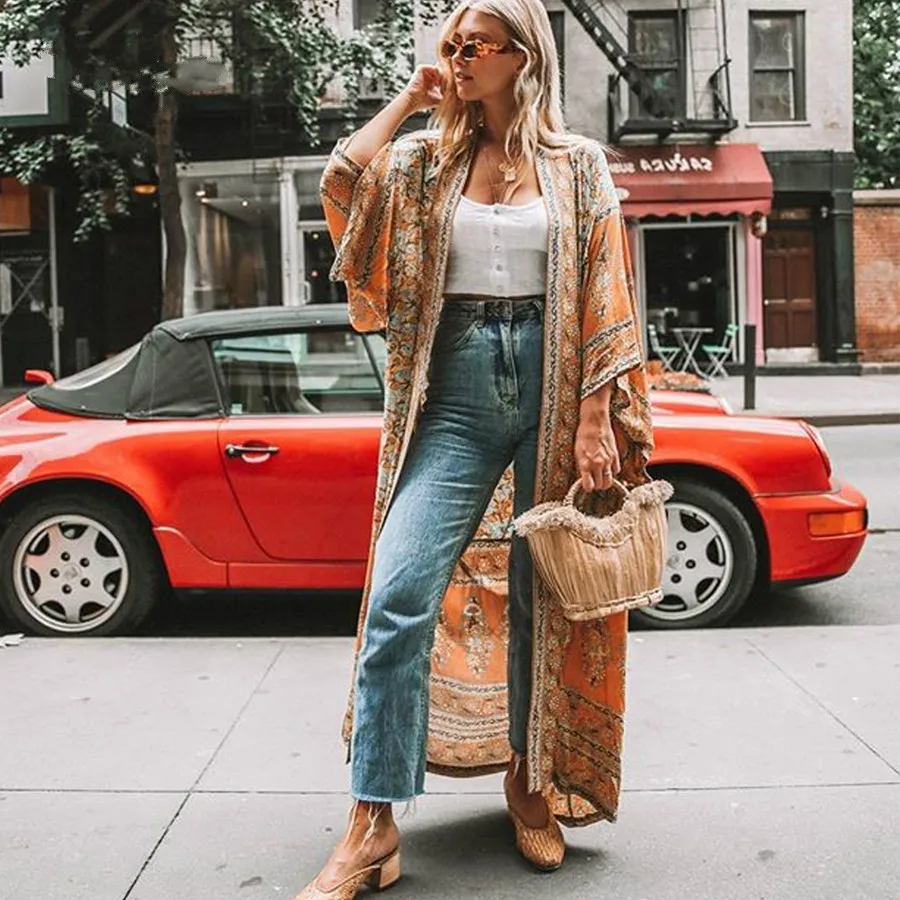 Шелковистое кимоно из полиэстера платье бохо красное с принтом осенние платья