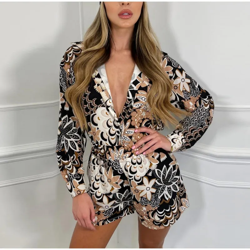 

Women Printed 2 Piece Set Fashion Casual Long Sleeve V Neck Single Breasted Shirt Elastic Waist Shorts Pants Holiday Outfits