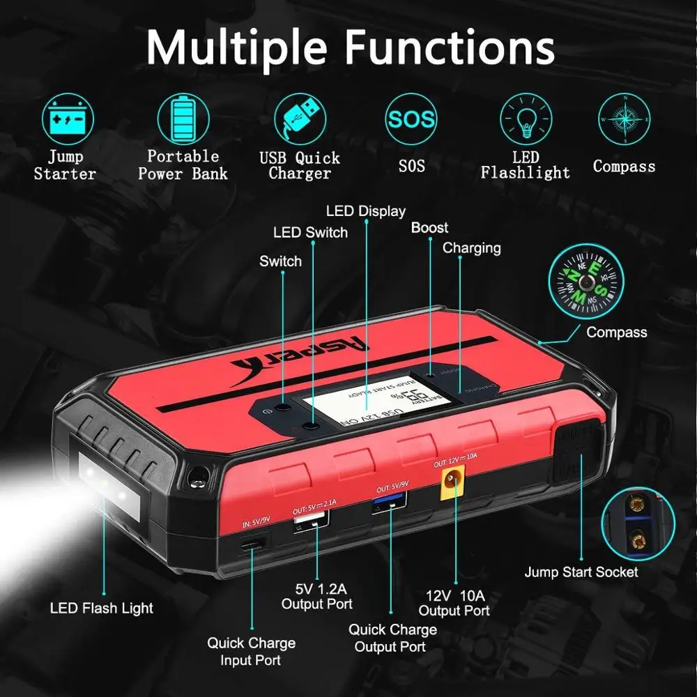 Автомобильное пусковое устройство AsperX 12 В 18000 мАч автомобильное быстрая зарядка