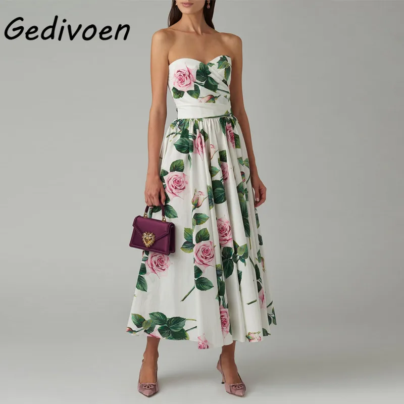 

Gedivoen Casual White Women Dress One Word Collar Sleeveless Frenulum Strapless Printing Ankle-Length Dresses Female Fashion New