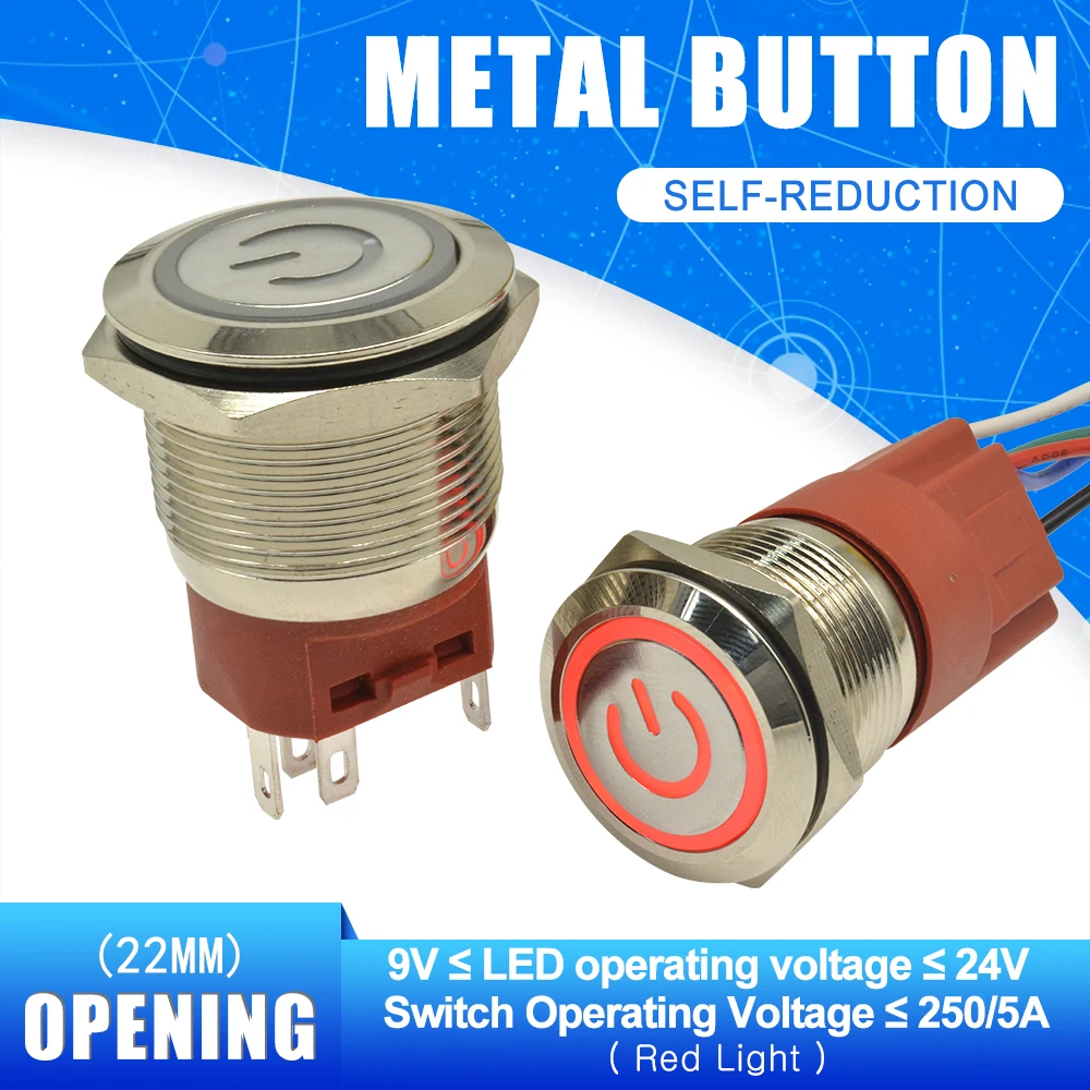 22MM Push Button Switch 250V 5A Self Resetting Circle Round Red LED Ring Light with Power Symbol 9-24V for Car Auto | Обустройство