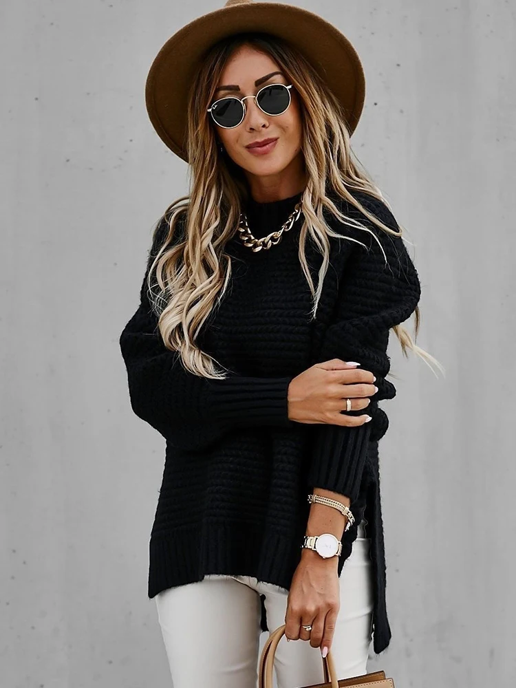 

2021 Winter Women Solid Knitted Side Slit Mock Neck Sweater Long Lantern Sleeve Basic Pullover Casual Female Loose Tops