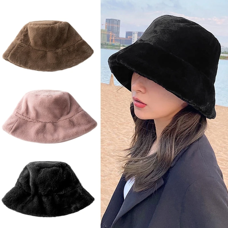 

Women Winter Solid Color Cow Print Bucket Hat Fuzzy Plush Outdoor Warm Wide Brim Vacation Harajuku Panama Fisherman Cap