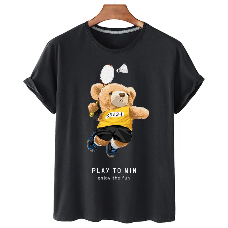 

100% Cotton Badminton Bear Print Short-sleeved T-shirt Women Summer Casual Short-sleeved Couple Oversized T-shirt Ladies Shirt