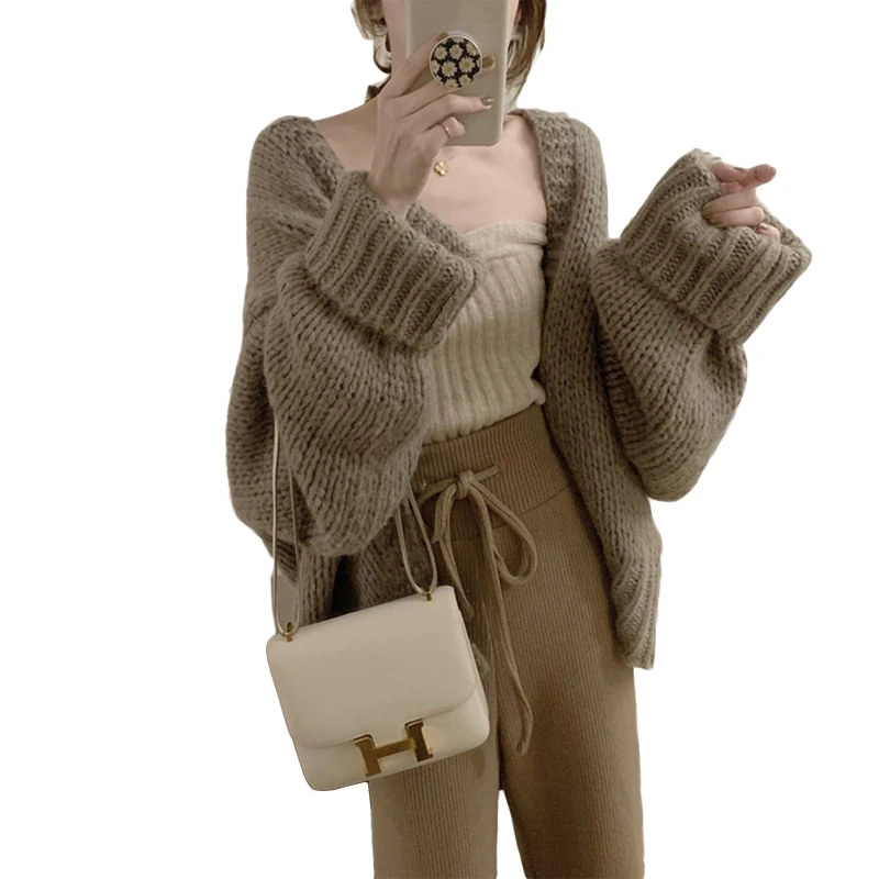 

Women Batwing Long Sleeve Knit Cardigan Solid Color Open Front Oversized Sweater