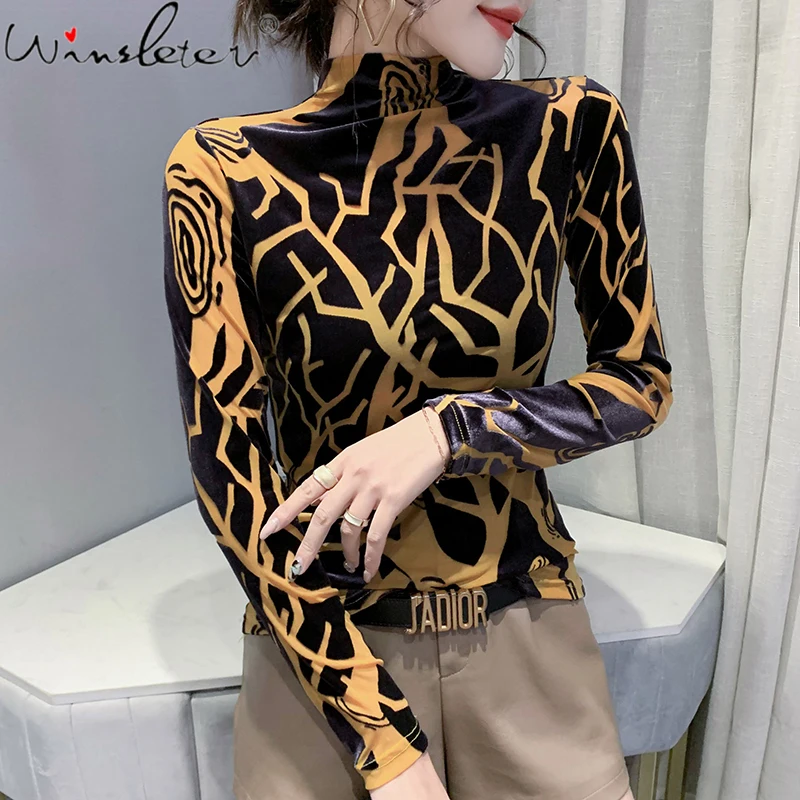 

MadBlack Fall Winter European Clothes Flock Printing T-Shirt Fashion Tops Sexy Mock Neck Long Sleeve Elegant Women Tees T19845A