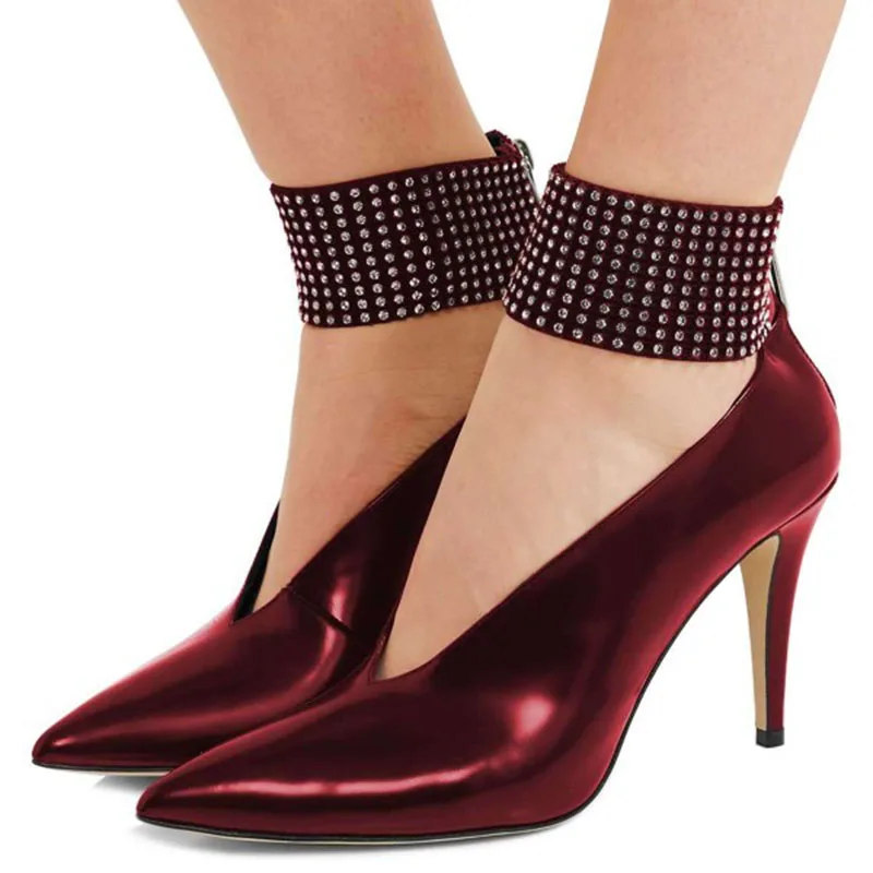 

FSJ Burgundy Rhinestone Ankle Strap Satin Upper Women Pumps Pointed Toe Thin Heel Luxury Zip Ladies Shoes Prom Elegant Shoes