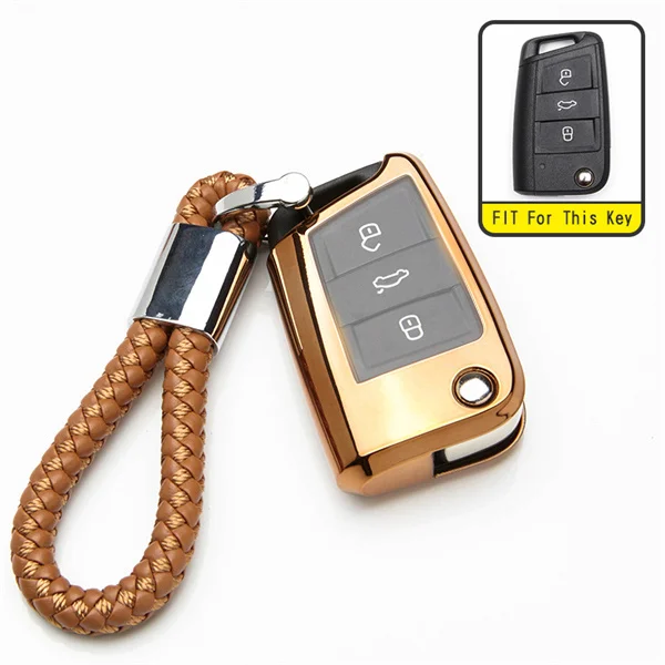 Gold with keyring ТПУ чехол для ключей для Volkswagen VW Golf 7 6 5 MK7 MK4 Polo GTI Passat B5 B6 тигуан Жук Bora Jetta автомобильный брелок - Название цвета: Gold with keyring