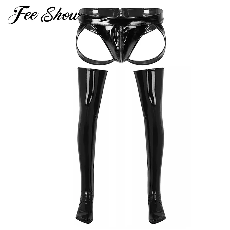 Сисси мужские с мокрым эффектом Лакированная кожа на молнии заниженным шаговым