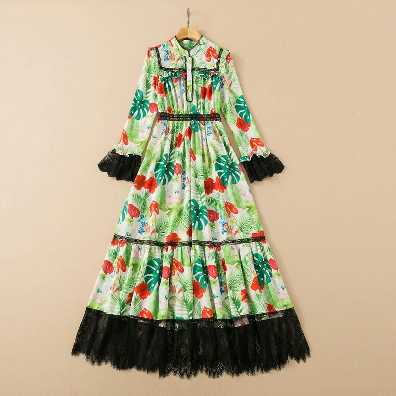 

European and American women's wear spring 2022 new Bud silk long sleeve The horn sleeve Floral printing Fashion pleated dress