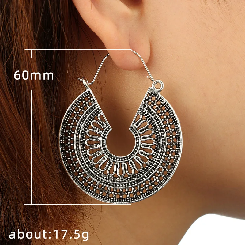 

Retro Hollow Out Ethnic Style Circle Earring Carve Flower Drop Earrings for Women Bohemian Antique Silver Color Female Jewelry