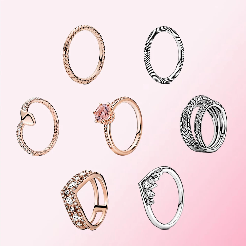 

2020 Autumn 925 Silver Rose Pink Sparkling Marquise Double Wishbone Crown Solitaire Triple Band Pave Snake Chain Pattern Ring