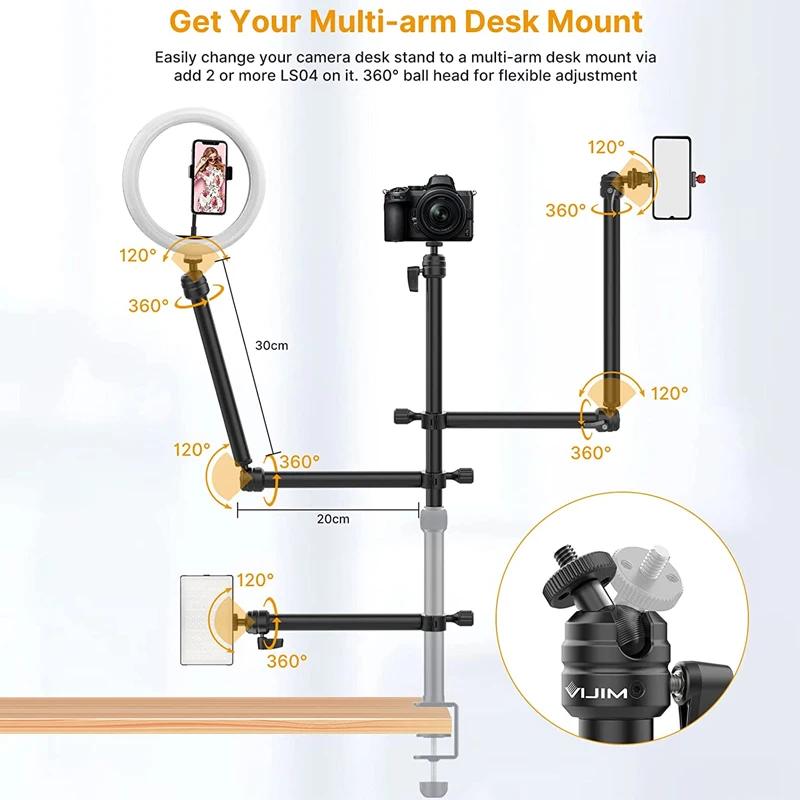 VIJIM LS04 Boom Arm Pipe Clamp Two-stage Extension Desk Mount Bracket Light Stand with 1/4 for Mic DSLR Camera Video Lights | Электроника