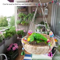 parrot perch with bell bird toy straw hanging basket bird cage hanging toy straw rattan bird nest gnawing swing stand