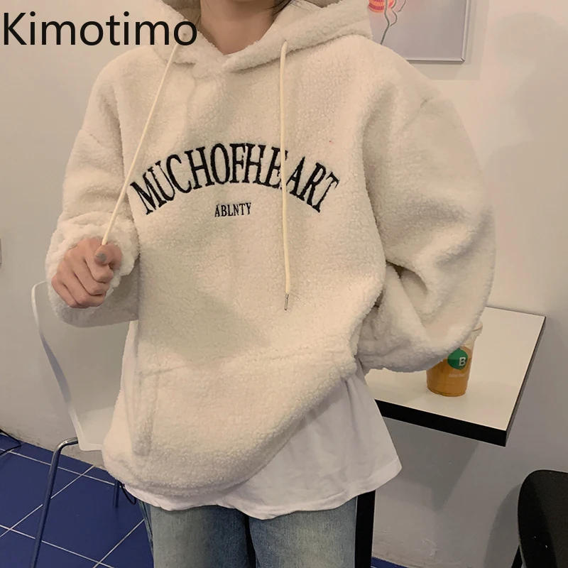 

Kimotimo Letter Embroidery Hooded Sweatshirt Women 2021 Autumn Winter Loose Long-sleeved Pullover Korean Chic Casual Hoodies Ins