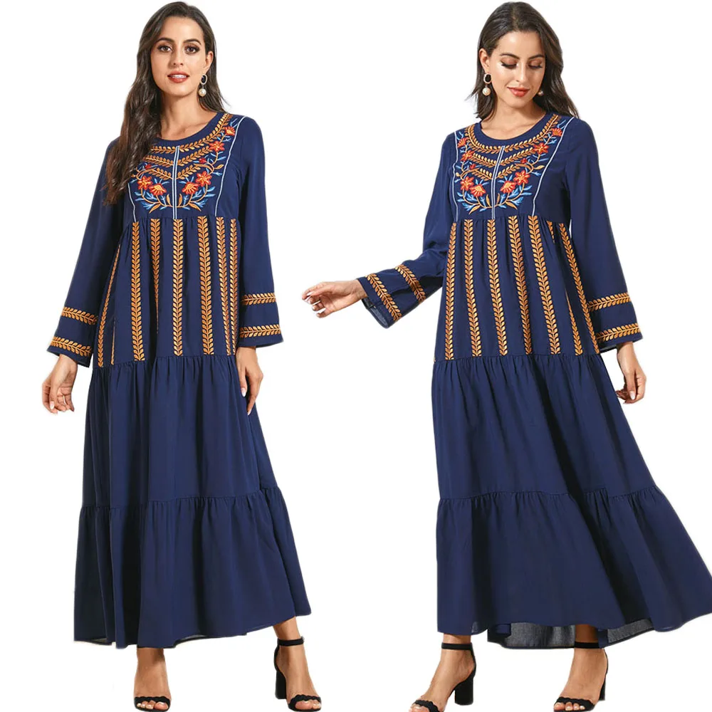 

Dubai Muslim Women Embroidery Long Dress Ethnic Style Arab Jilbab Turkey Middle East Ramadan Islamic Clothing Fall Casual Robe