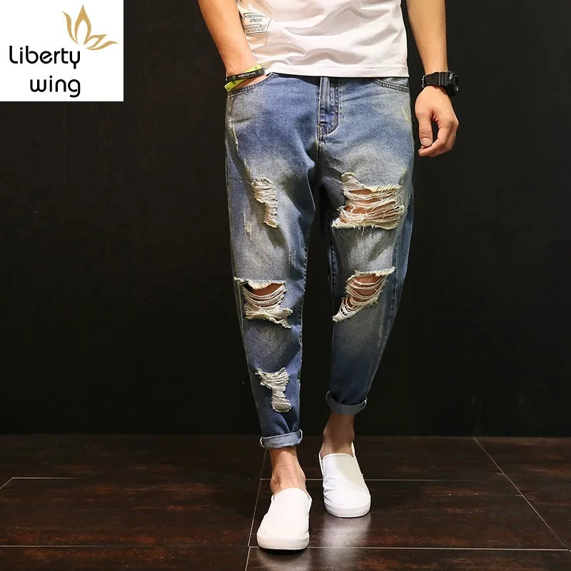 Модные мужские мешковатые рваные джинсы свободного покроя для бега в стиле