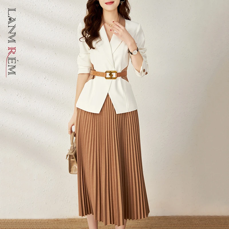 LANMREM Повседневный Блейзер Пальто с эластичной талией плиссированная юбка для