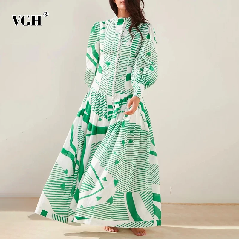 

VGH Vintage Dress For Women Stand Collar Loose Long Sleeve Patchwork Print High Waist Mid A Line Dresses Female 2021 Autumn New