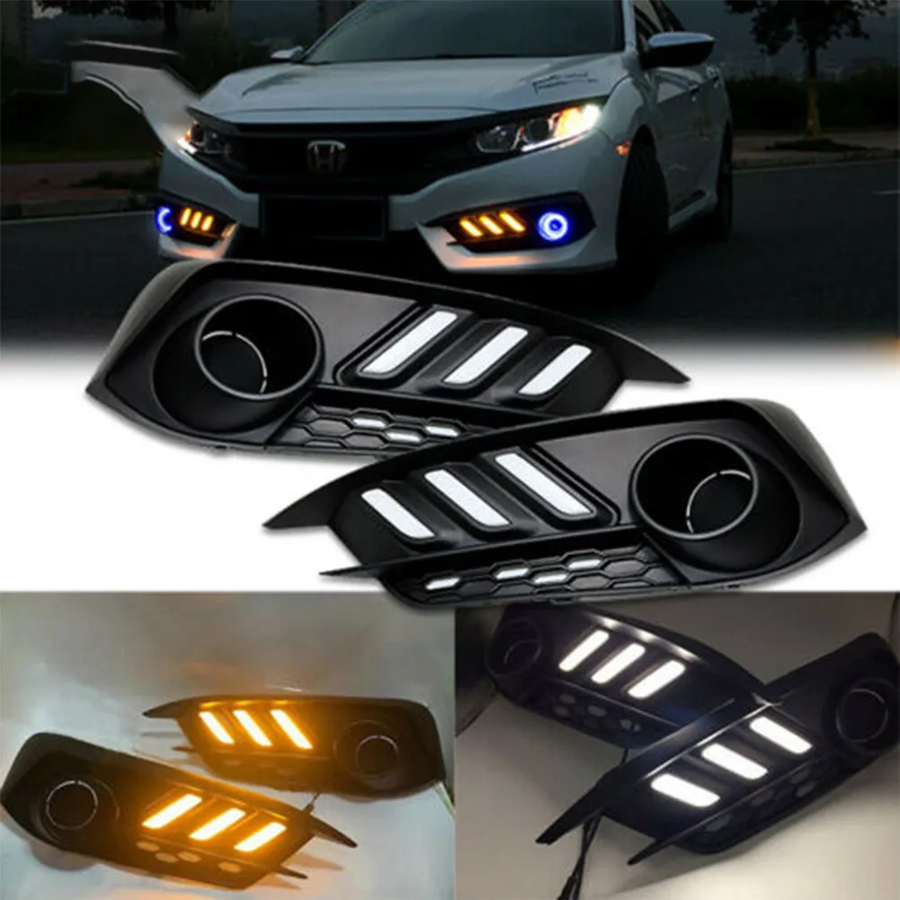 

2pcs Waterproof Fog Lights LED Daytime Running Light White Yellow DRL Driving For 2016-2018 Honda Civic Sedan Car Accessories