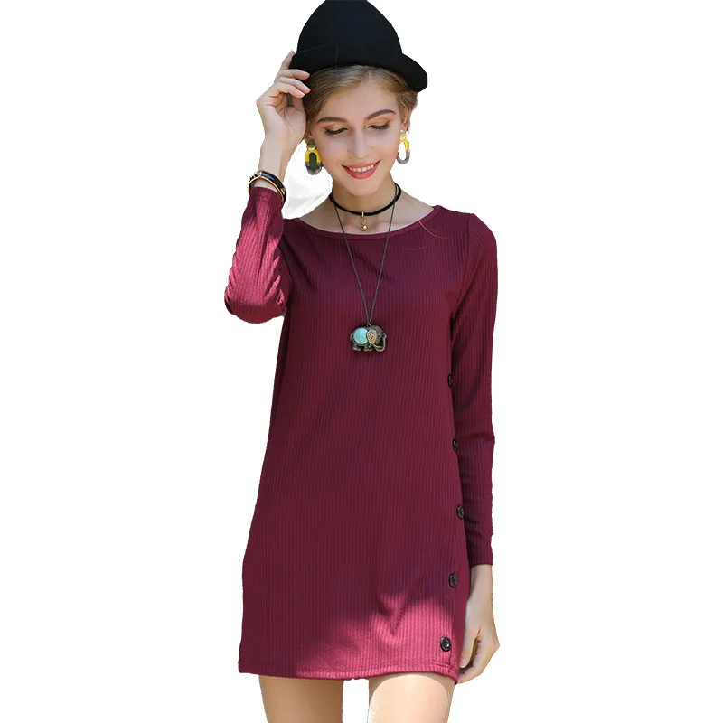 

2020 new ladies pullover sweater round neck long sleeve T-shirt mid-length solid color knitted dress