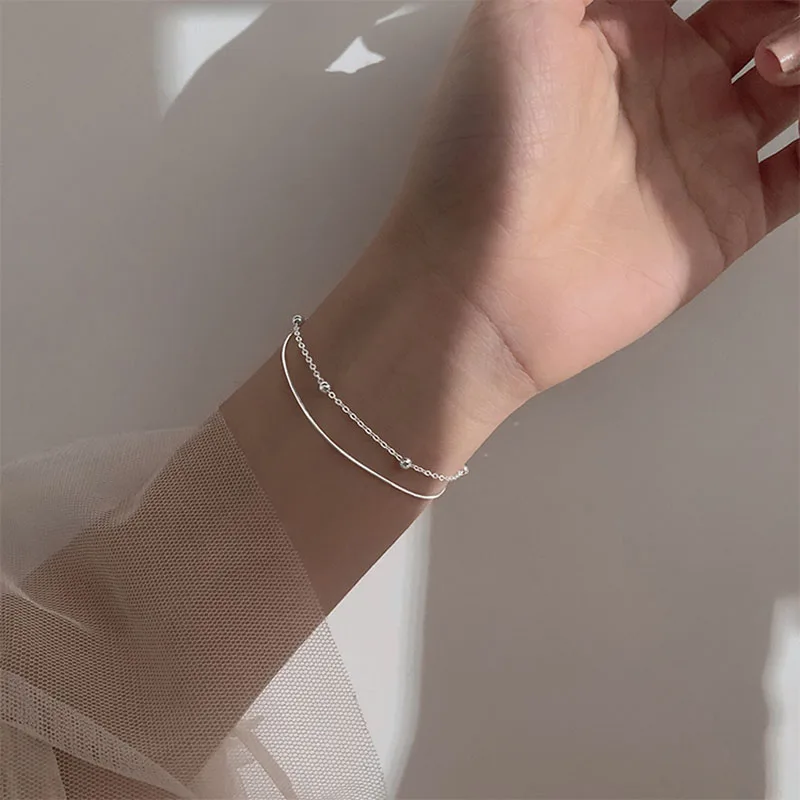 

925 Sterling Silver Beaded Chain Bracelet for Women Double Layer Bracelet Gifts Jewelry