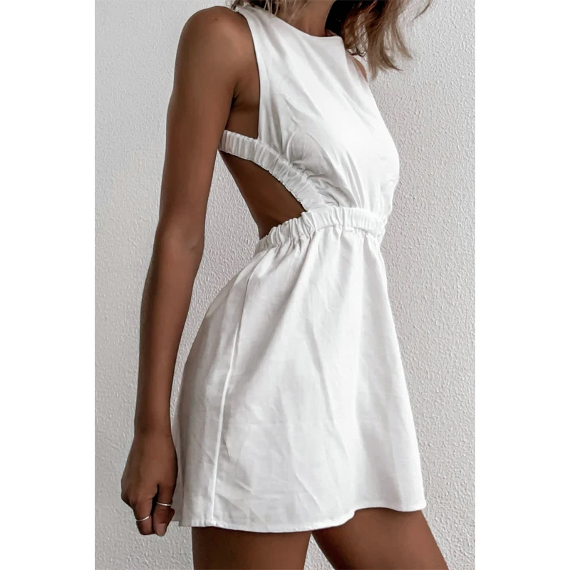 

2023 Women White Sexy Dresses Square Neck Dress Women Beachwear Bare Back Ruffle Dresses Back Criss Cross Backless Bandage Dress