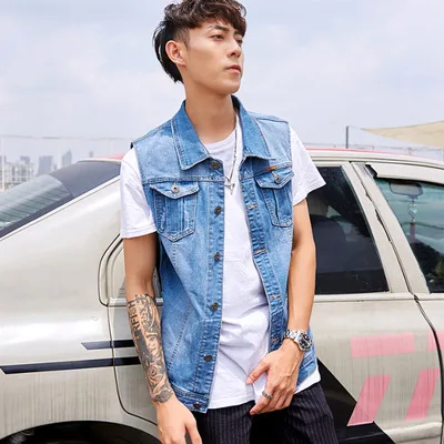 Мужская джинсовая безрукавка в ковбойском стиле черная повседневная Короткая