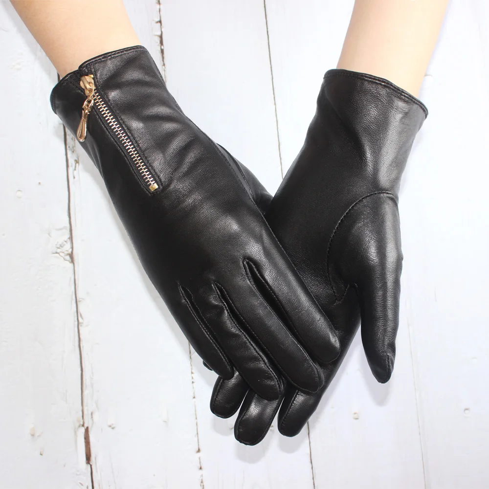 New touch screen women's sheepskin gloves leather fleece lined fashion zipper warm autumn and winter outdoor driving gloves