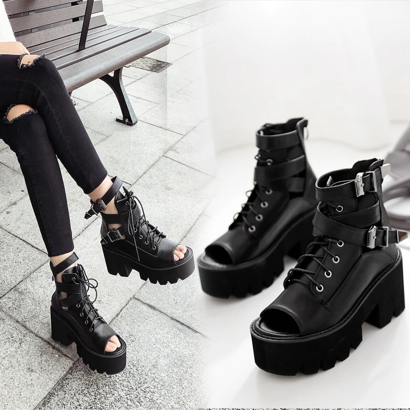 

Large Size 40 European And American Short-Barrel Temperament High-Heeled Ladies Martin Boots Summer Fashion Fish Mouth Shoes.