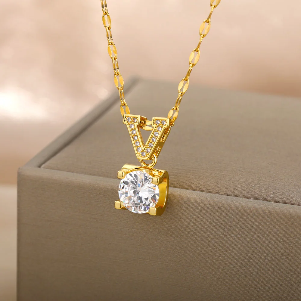 

Fashion Crystal Zircon Letter V Necklaces For Women Stianless Steel Gold Chain Zircon Pendant Necklace Boho Aesthetic Jewelry
