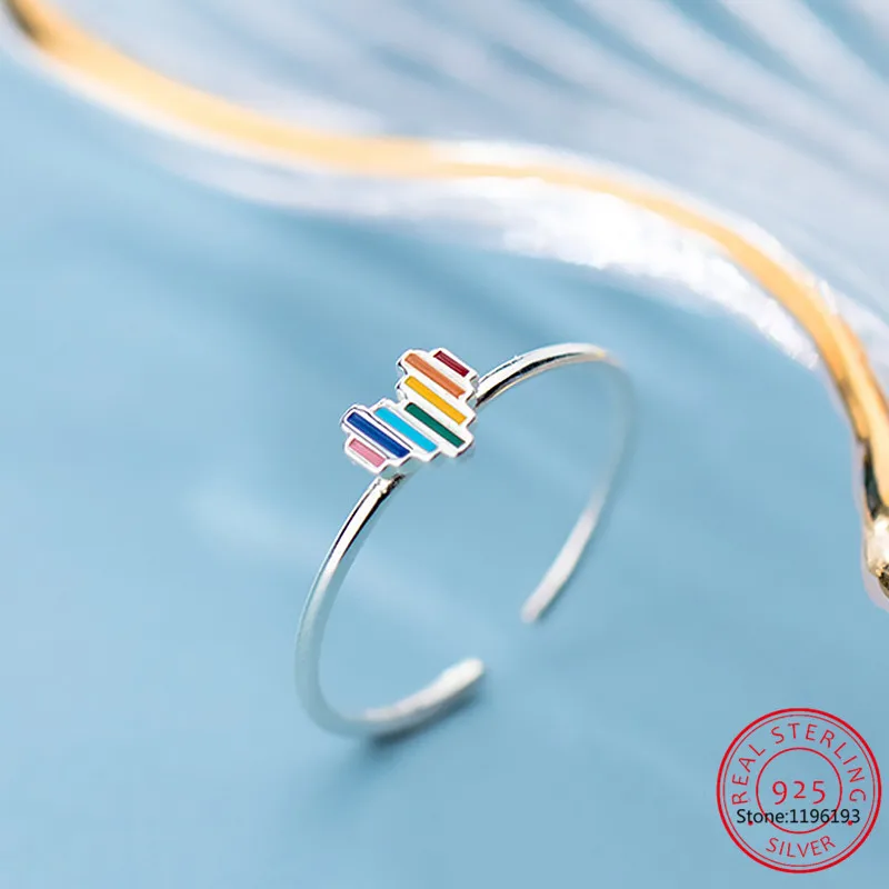 

Real 925 Sterling Silver Sweet Simple Rainbow Heart Love Opening Ring Size For Women Wedding Fine S925 Jewelry DA1758