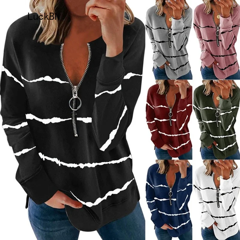 

Women Autumn T Shirt 2021 Striped Zipper V-Neck Long Sleeve Oversized Fashion Loose Tee Shirts Female Spring Tops Tshirts Clothe