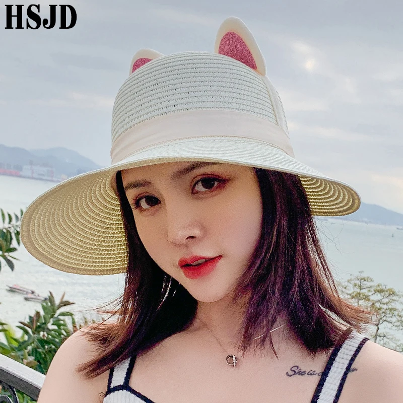 Пляжная соломенная шляпа с большими широкими полями и милыми кошачьими ушками