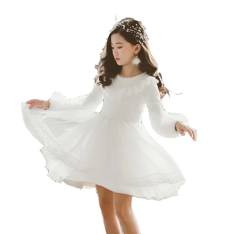 

Осенне-зимнее платье для девочек, хлопковые сетчатые однотонные платья, костюм для выступлений, кружевное платье с длинным рукавом, подходи...