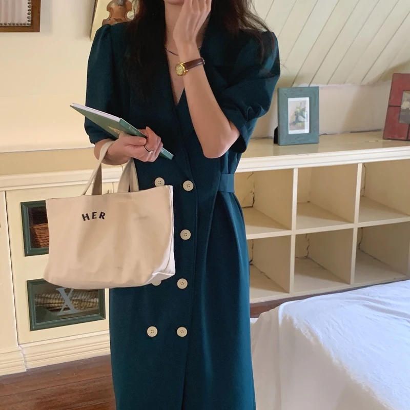 

ZCSMLL Lapel Double-breasted Waist Knee-length Puff Sleeve Dress for Women Suit Dresses female 2021 Spring Summer