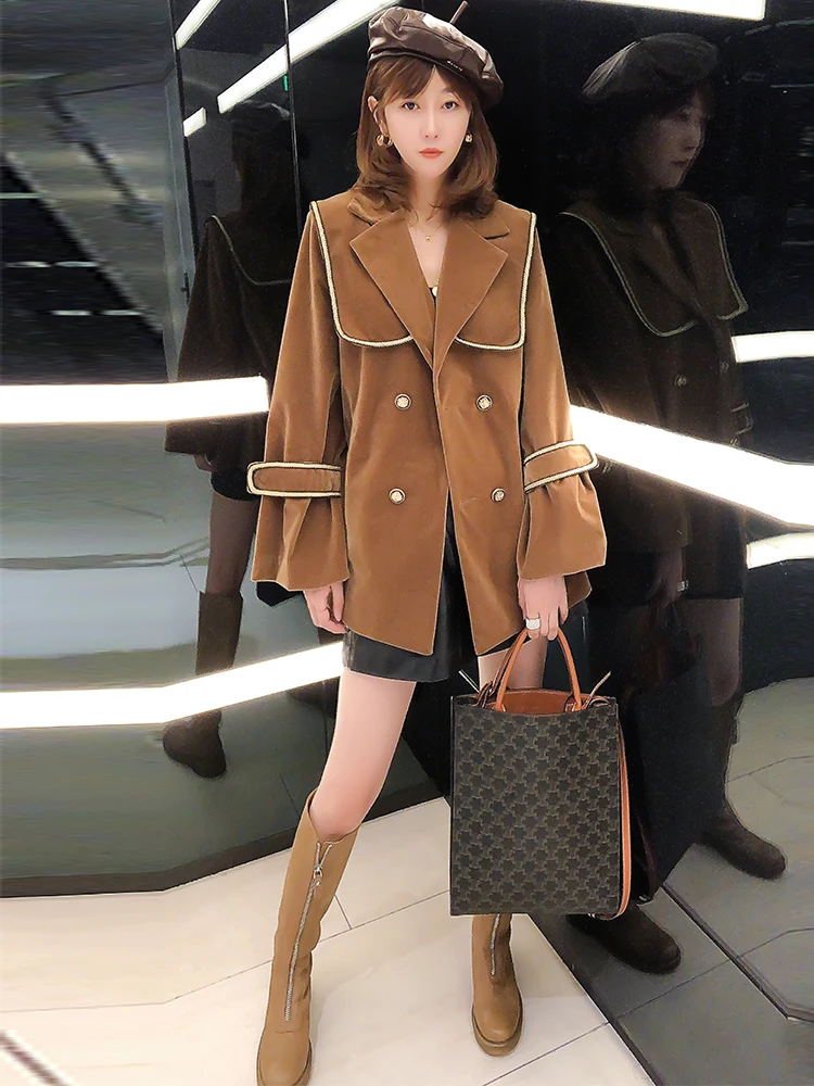 

Brown Small Fragrance Jacket Women 2021 Autumn new Popular Navy Wind Jacket high-end age Reduction Velvet net red Suit Fashion