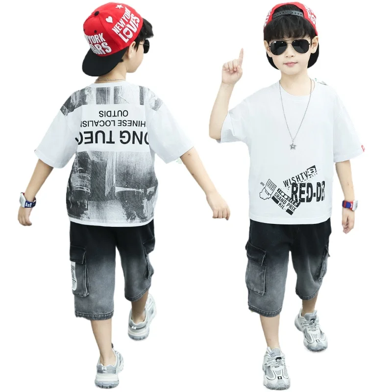 

2021 New Children's Summer Clothes Boys Fashion Printed Denim Cropped Trousers Suit Kids Sets Boutique Outfits BT90