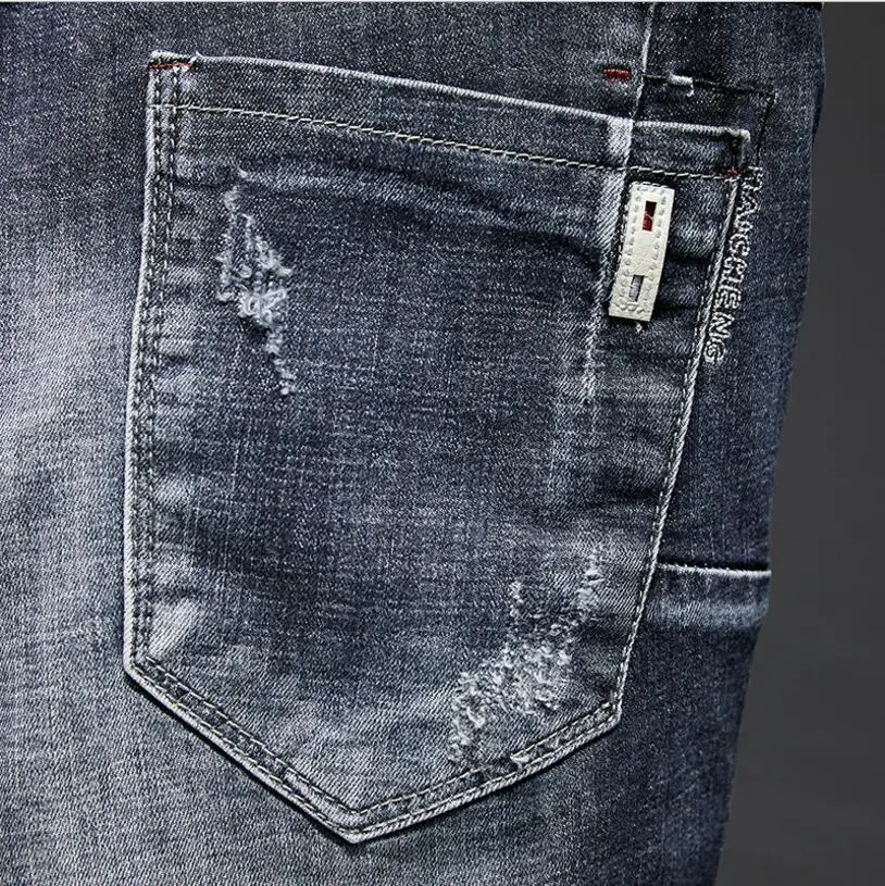 Джинсовые шорты мужские с дырками хлопковые узкие штаны из денима черные