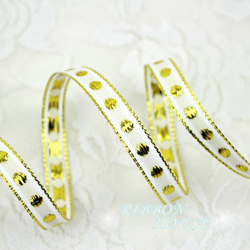 (25 ярдов/партия) 3/8 &quot(10 мм) белый корсаж атласные ленты с каймой золотистого цвета