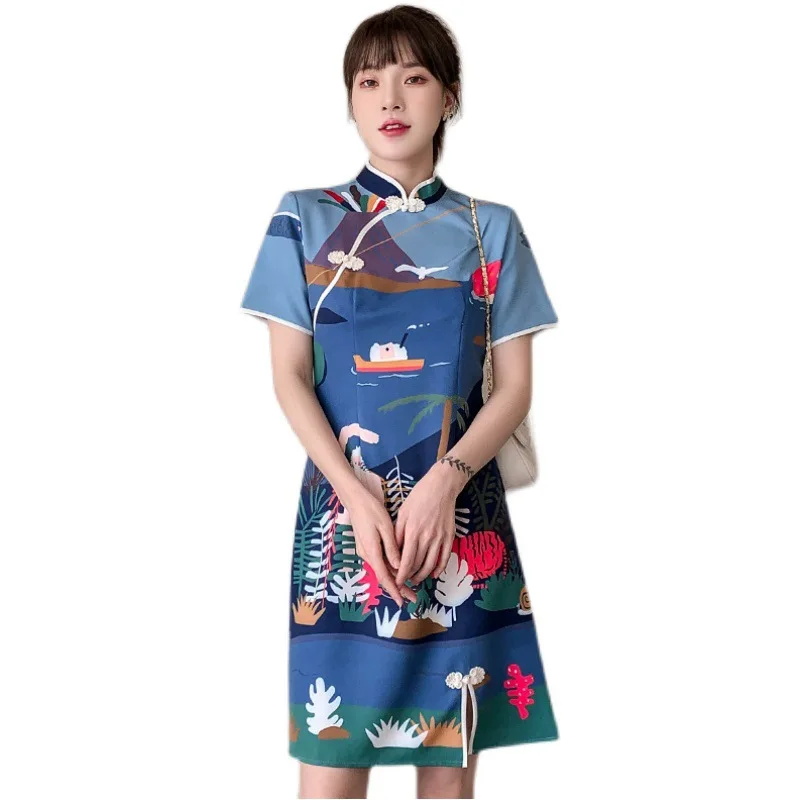 

Guofeng Retro Printed Short Sleeve Young Dress Summer New Women's Improved Cheongsam