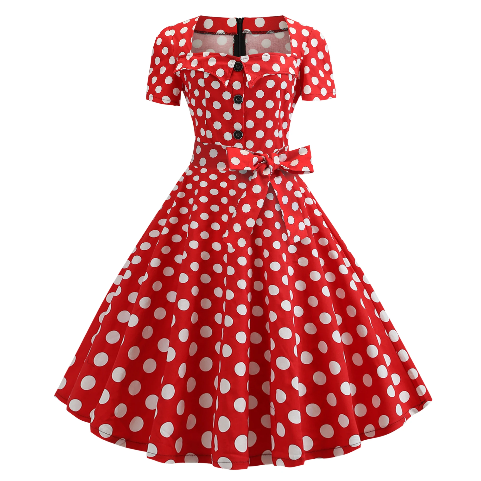 

Audrey Hepburn Women Summer Dress Solid Color Dot Retro Vintage 50s 60s Party Office Robe Rockabilly Bow Dresses Square Collar