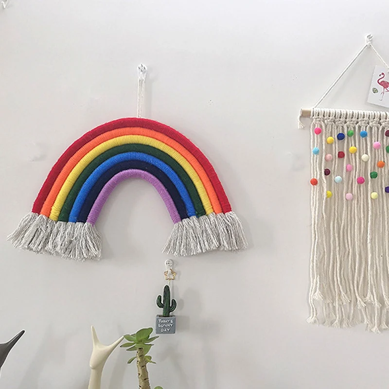 Большой размер ручной работы вязаный Радужный настенный гобелен Плетеный с