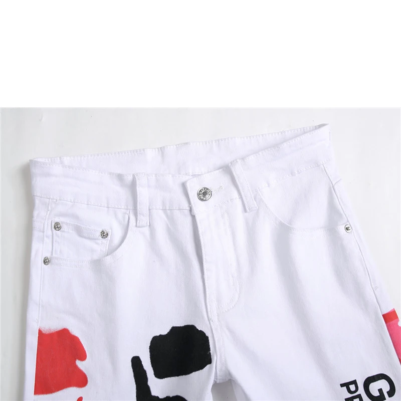 Men'S Jeans White Printing Slim Denim Trousers Biker High Quality Male Straight Casual Designer Comfortable Advanced Pants
